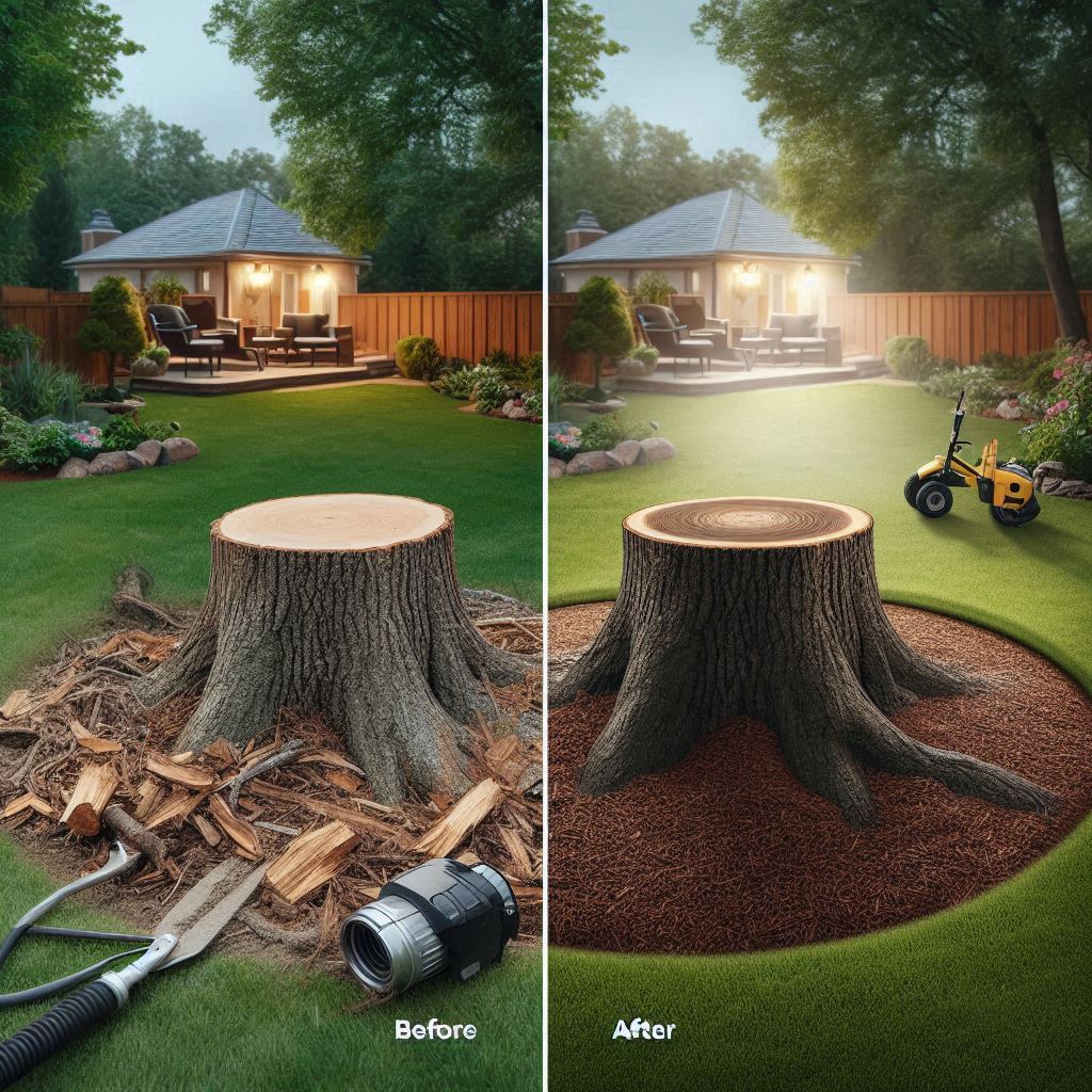 Before and after image showing a large tree stump and the same area after grinding, illustrating the process of how to grind a tree stump effectively for a clean yard finish.