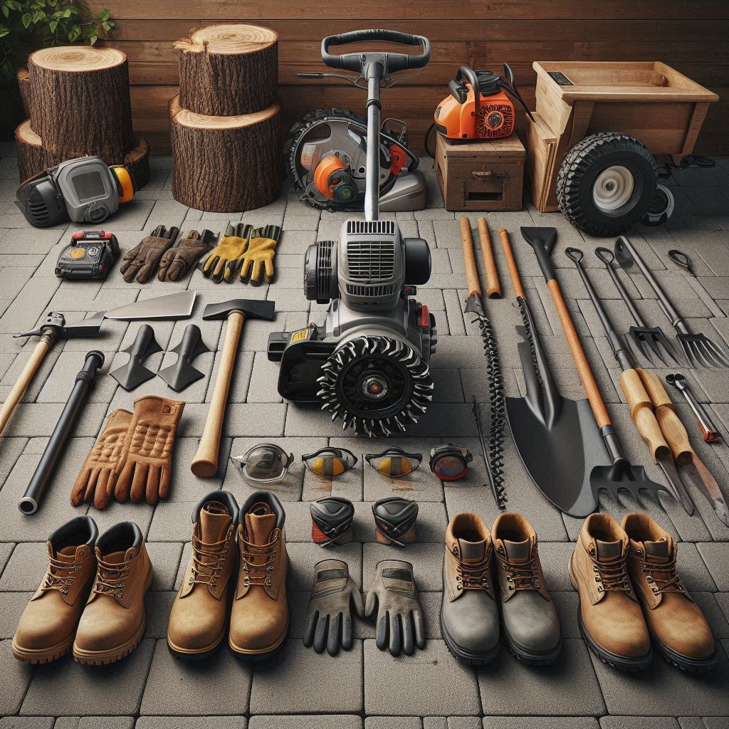 A clean display of essential stump grinding tools including a handlebar grinder, safety gear, and a chainsaw, showing the basic equipment needed to grind a tree stump safely and efficiently.