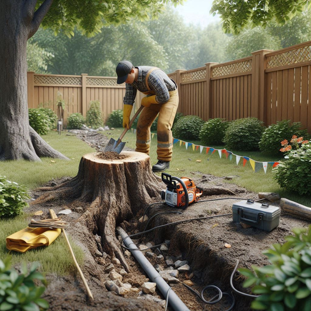 A homeowner clearing debris and marking underground lines around a tree stump in a backyard, illustrating safe preparation steps before grinding a tree stump.