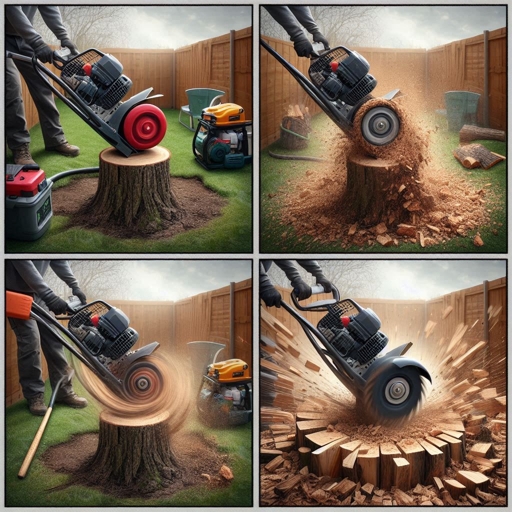 Four-panel image showing the full process: positioning the grinder, lowering the wheel, grinding side to side, and the finished ground-out area—demonstrating step-by-step how to grind a tree stump safely and thoroughly.