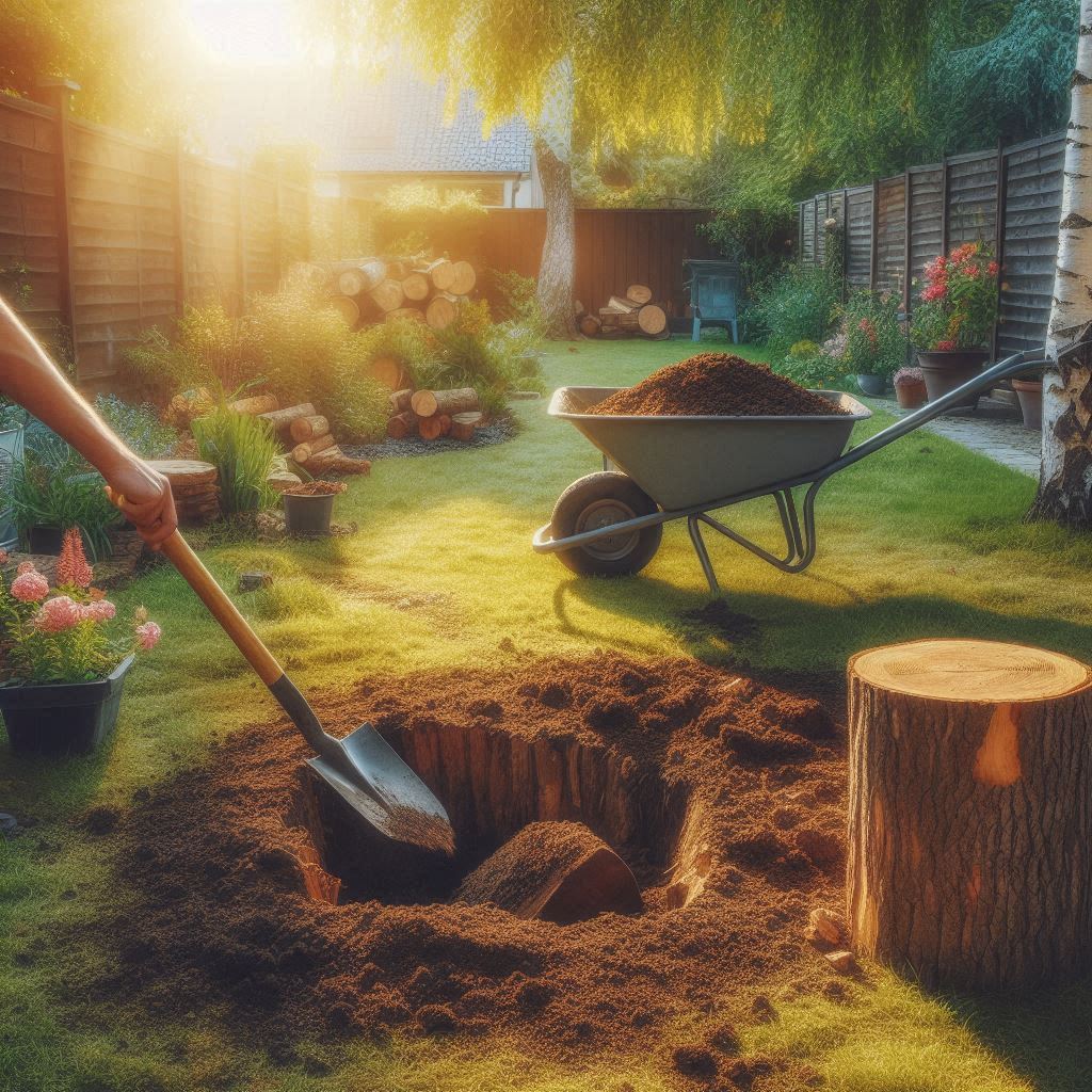 A backyard scene where a person fills the hole left by a ground stump with topsoil, surrounded by mulch and new grass seed, showing what to do after you grind a tree stump to restore your yard.
