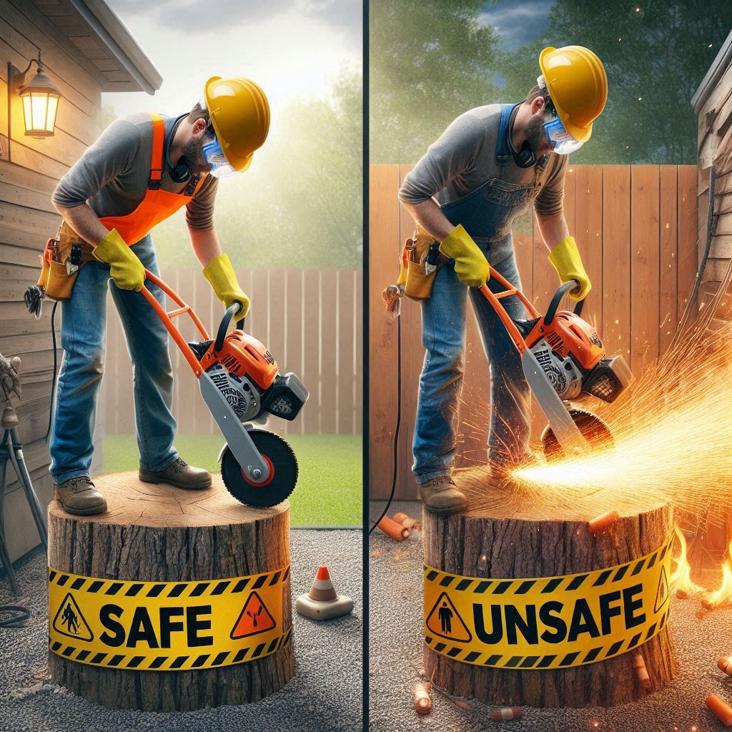 Side-by-side comparison of a safe vs unsafe stump grinding scenario, highlighting correct protective gear and safe distance practices—important safety tips when learning how to grind a tree stump.