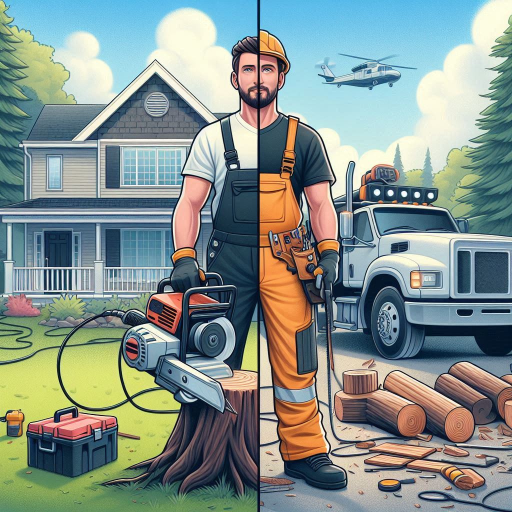 Split image showing a homeowner using a stump grinder and a professional with commercial equipment, helping homeowners decide whether to grind a tree stump themselves or hire a pro.