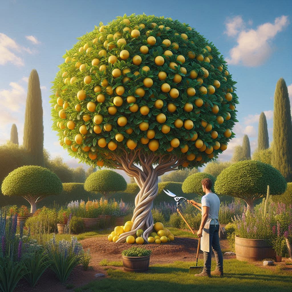 Illustration of a gardener pruning a healthy lemon tree in a backyard, showing tools and branches—perfect visual for understanding how to prune a lemon tree effectively.