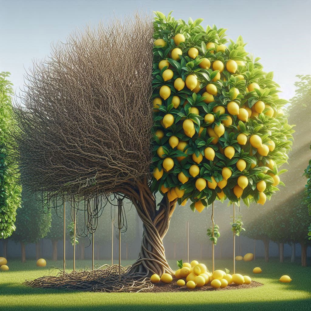 A side-by-side comparison of a well-pruned citrus tree and an overgrown one, illustrating the benefits of pruning trees for healthier fruit production.