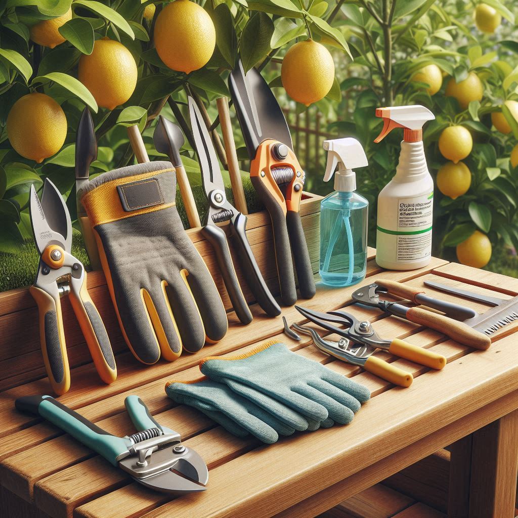 Image of tools needed for lemon tree pruning—hand pruners, loppers, gloves—demonstrating essential equipment for pruning trees properly.