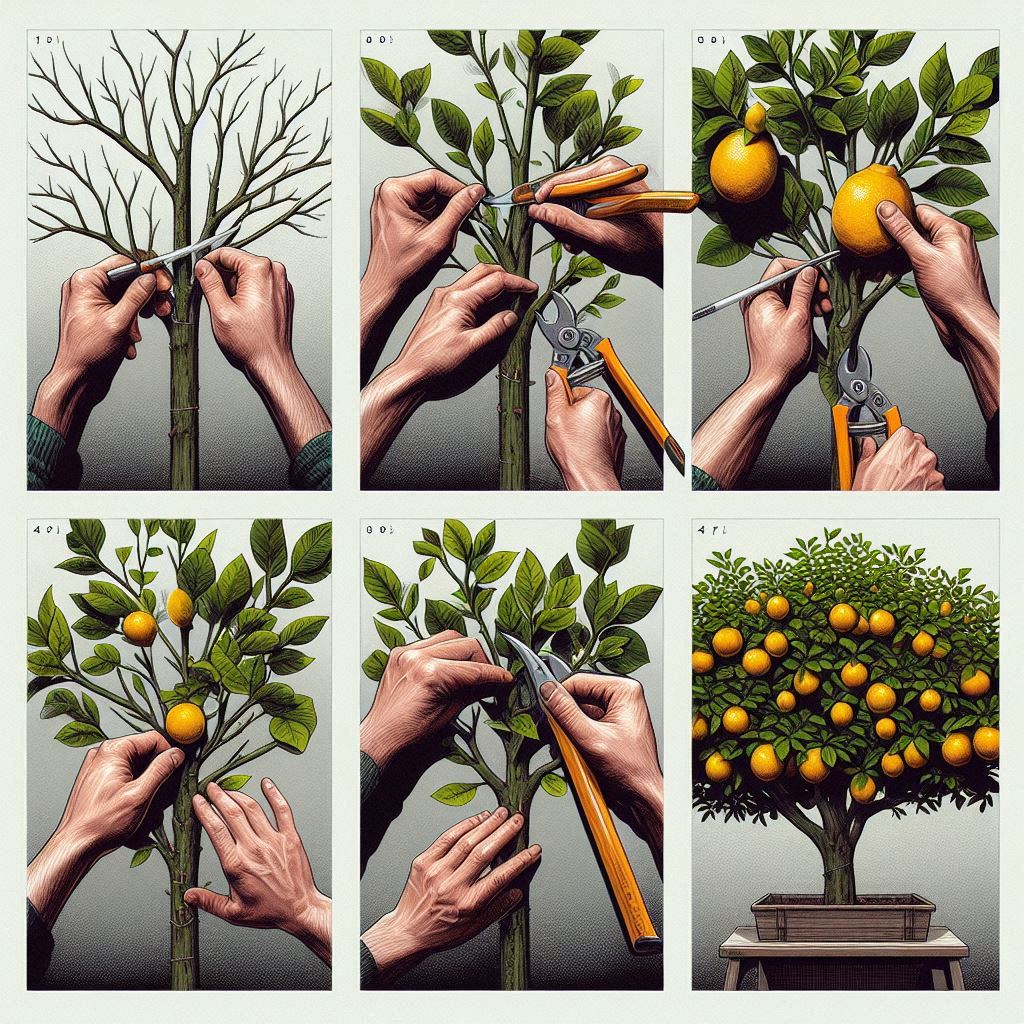 Step-by-step visual guide showing how to prune a lemon tree, including identifying branches, making cuts, and shaping the canopy for better fruit growth.