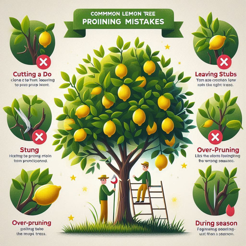 Visual comparison of common pruning mistakes and correct techniques on a lemon tree, helping gardeners avoid errors when learning how to prune a lemon tree.