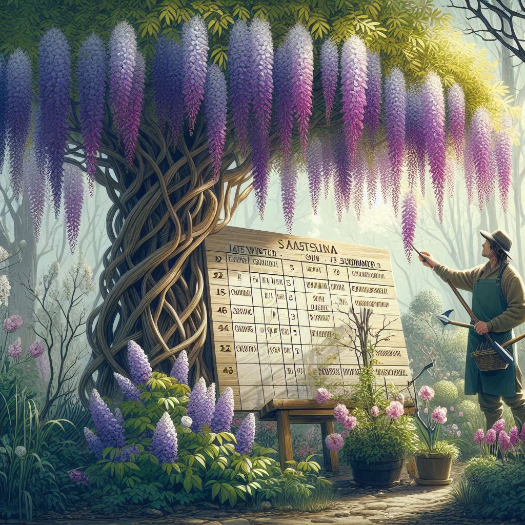 A garden calendar marked with late winter and midsummer dates, showing a gardener pointing to ideal times for managing vigorous wisteria vines.