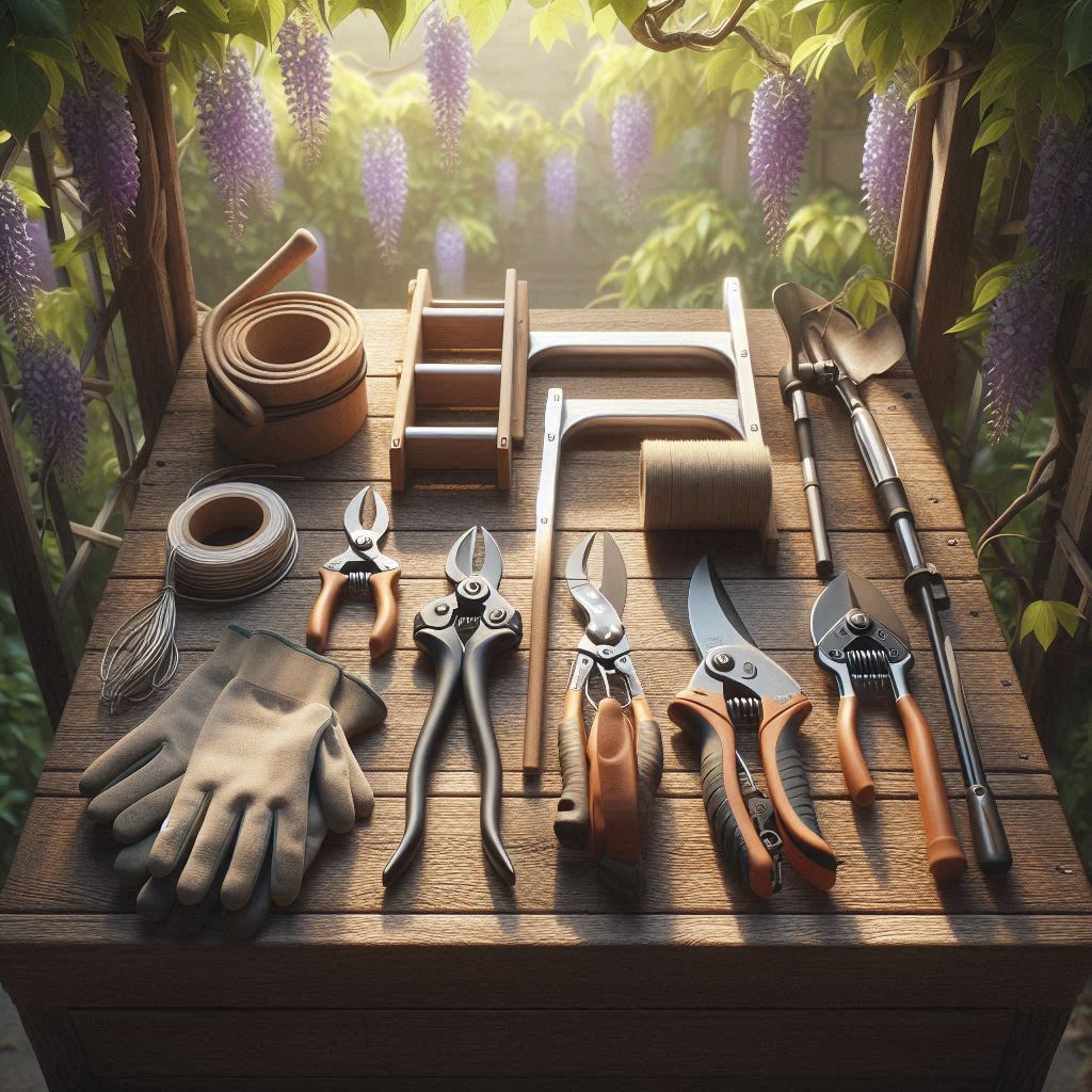 Essential wisteria pruning tools like shears, loppers, gloves, and a ladder neatly arranged on a wooden bench, ready for garden maintenance.