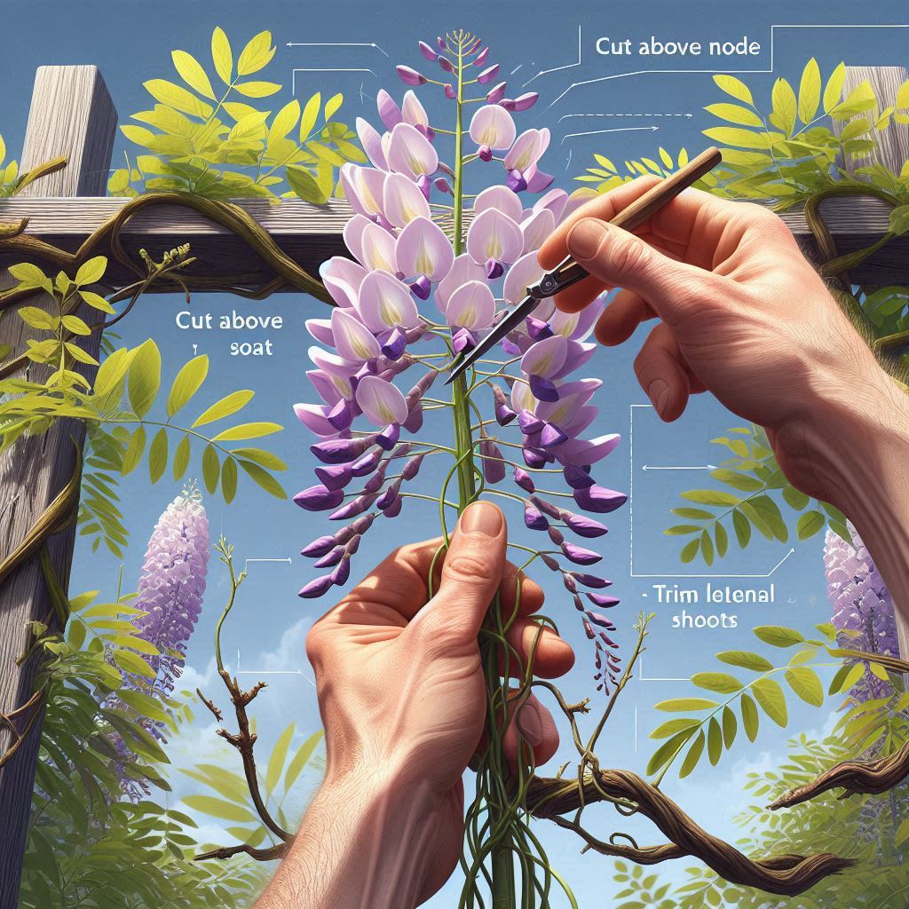 Close-up view of a gardener pruning a wisteria vine with precision, illustrating step-by-step instructions on how to prune wisteria effectively for better flowering and shape control.