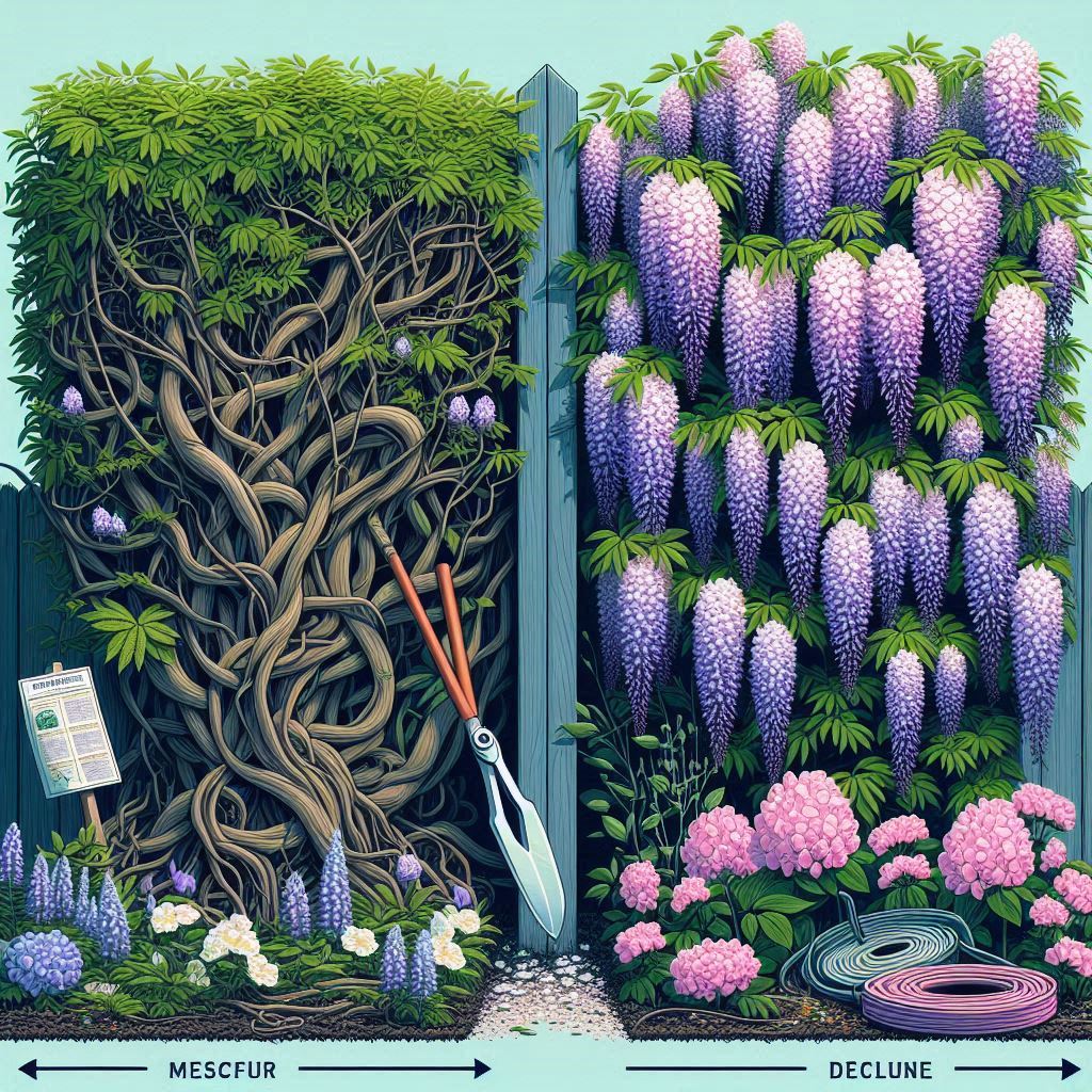 Side-by-side comparison of an overgrown wisteria and a properly pruned one, visually explaining the importance of pruning to boost blooms and manage vine health.