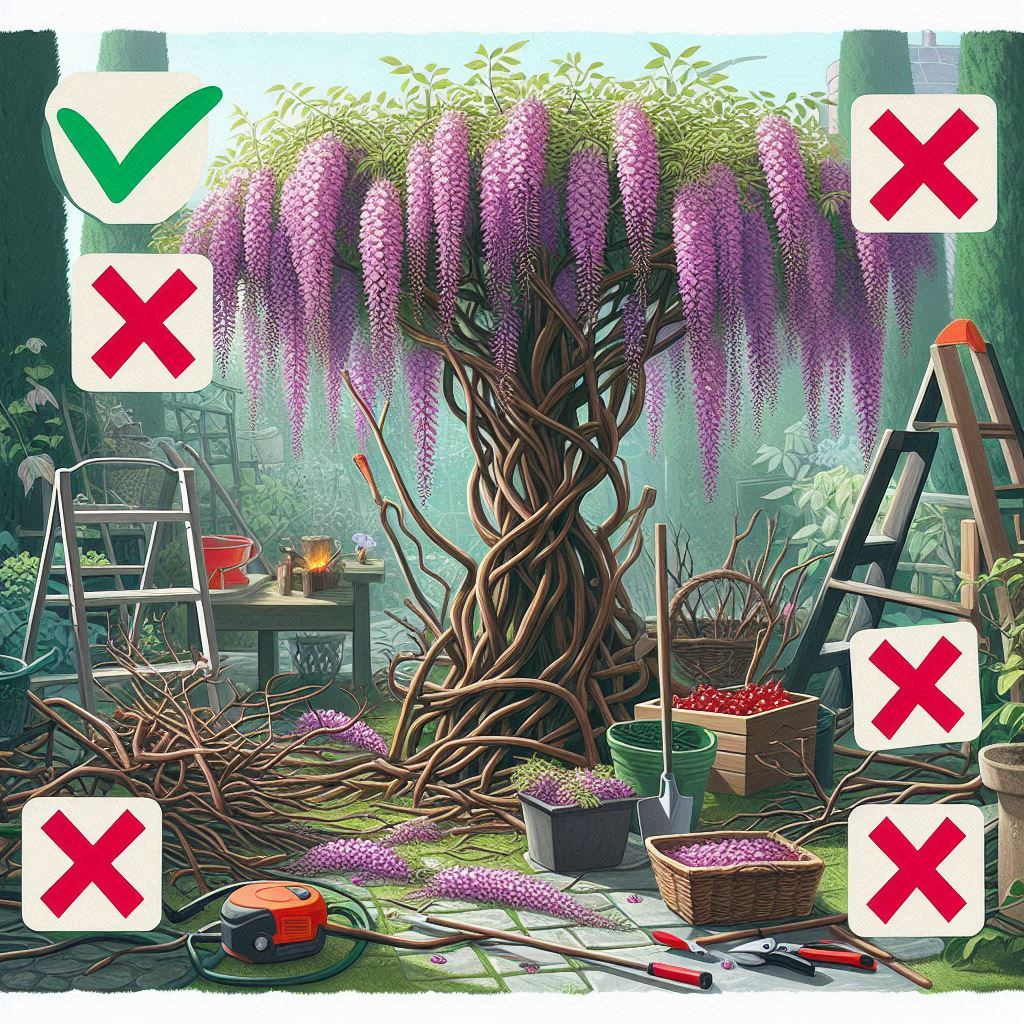 A visual guide showing common wisteria pruning mistakes like over-cutting or neglecting dead wood, alongside correct methods for how wisteria should be pruned the right way.