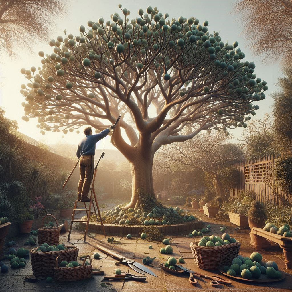 Gardener carefully pruning a young fig tree using bypass pruners, surrounded by green foliage and garden tools—showcasing how to prune a fig tree with precision.
