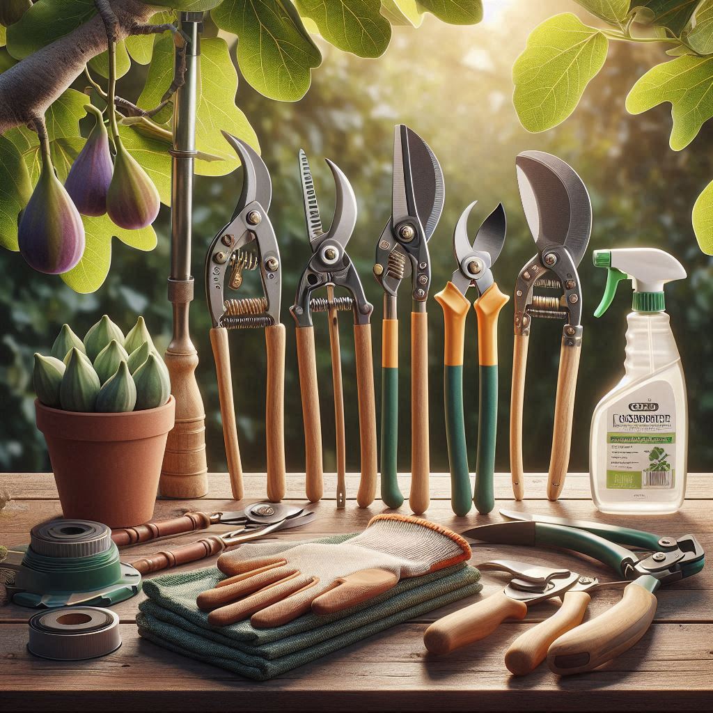 Essential fig tree pruning tools—bypass pruners, loppers, saw, and gloves—neatly arranged on a table, ideal for pruning fig trees properly.