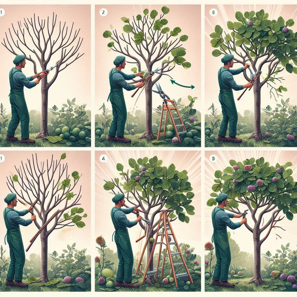 Gardener pruning a fig tree step by step—removing dead wood, thinning branches, shaping the canopy—clearly showing how to prune a fig tree for better growth.
