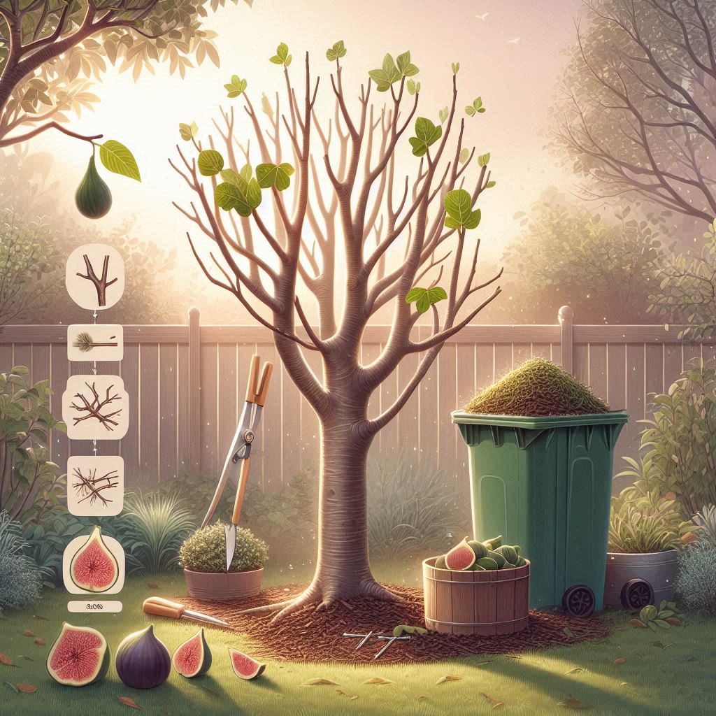 Freshly pruned fig tree with clean cuts and mulch at the base, alongside icons highlighting pruning mistakes—helpful for understanding when pruning a fig tree correctly and what to avoid.