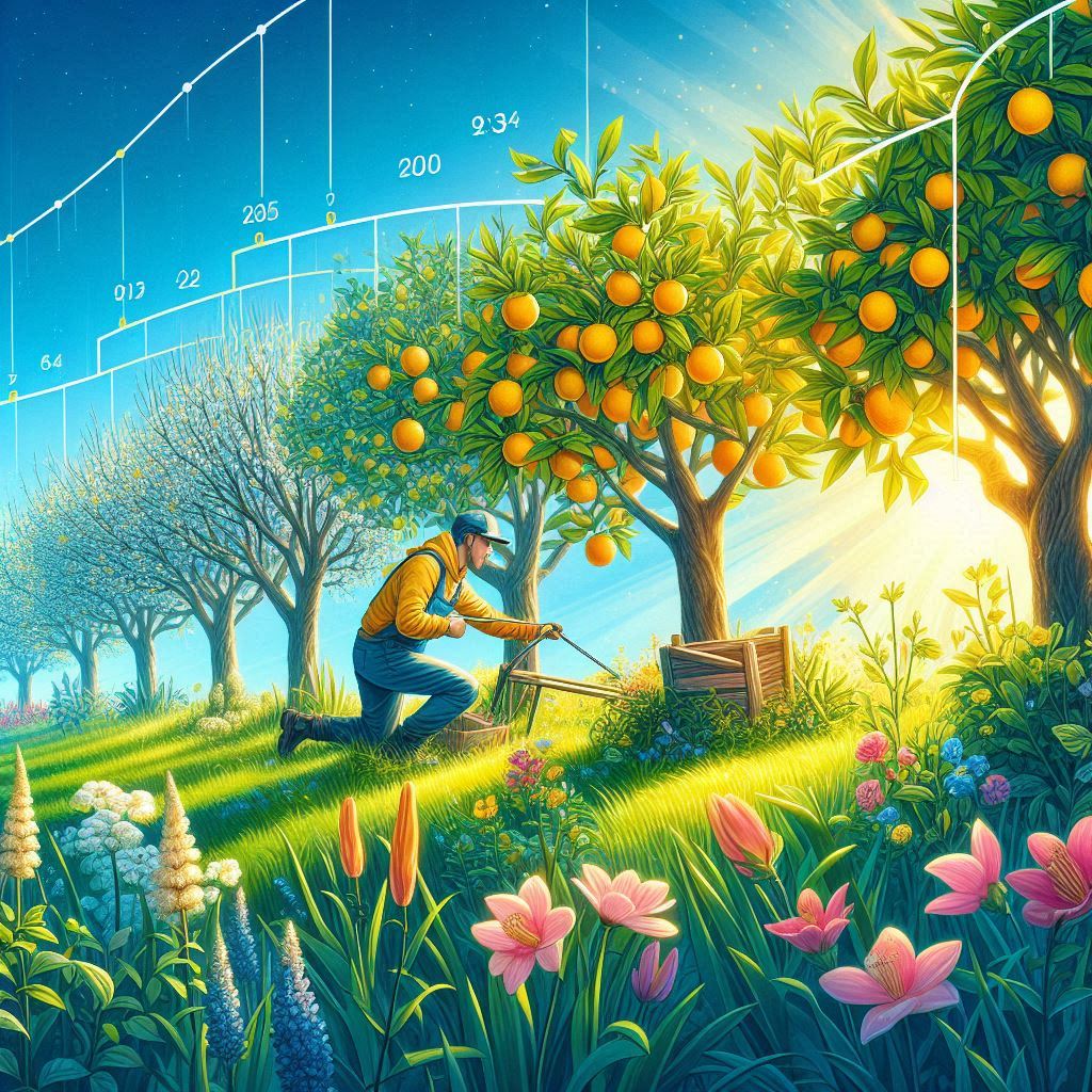 An illustrated timeline showing a gardener pruning a citrus tree in early spring, highlighting the best time of year for pruning citrus trees to encourage strong, healthy growth.