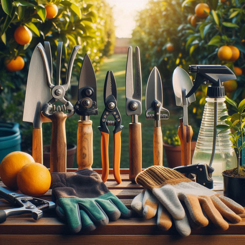 A realistic display of essential tools like hand pruners, loppers, and pruning saws laid out near a citrus tree, showing what’s needed to properly prune citrus trees.