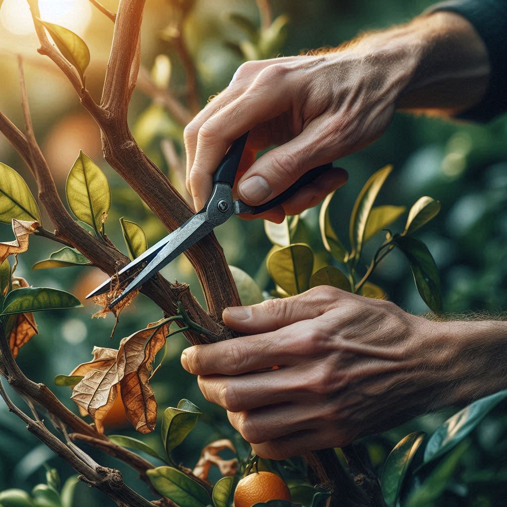 Close-up of a gardener trimming a damaged branch on a citrus tree, demonstrating how to prune citrus trees by identifying and removing dead or unhealthy growth.