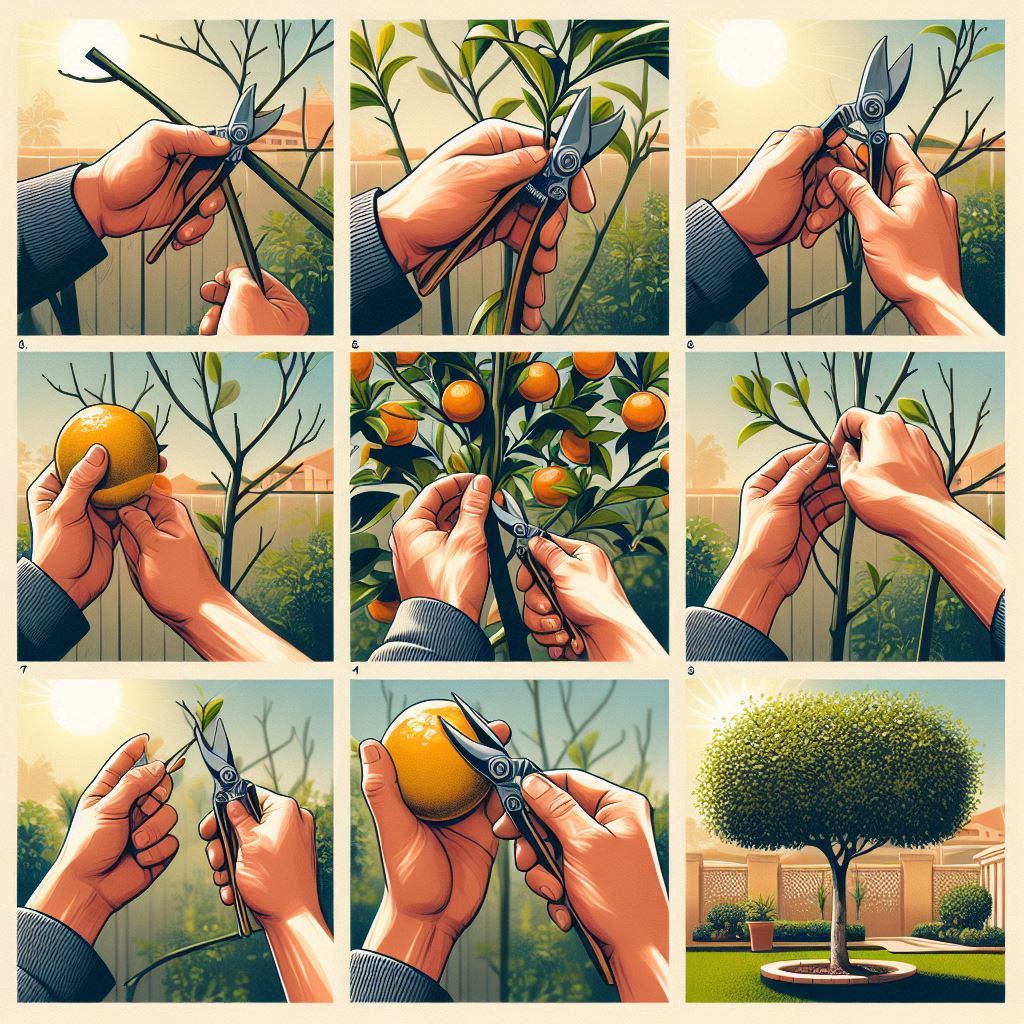 A visual sequence of a gardener inspecting, cutting, and shaping a citrus tree, providing a step-by-step guide on how to prune citrus trees safely and effectively.