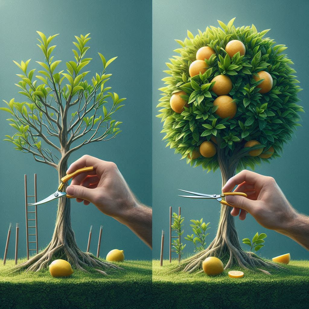 Side-by-side comparison showing light pruning of a young citrus tree and structural trimming of a mature one, illustrating how to prune citrus trees based on their age.