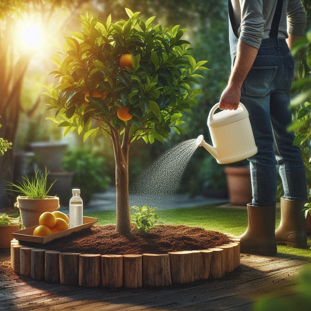 A gardener watering a recently pruned citrus tree with mulch around the base, demonstrating proper aftercare to support healthy growth after pruning citrus trees.