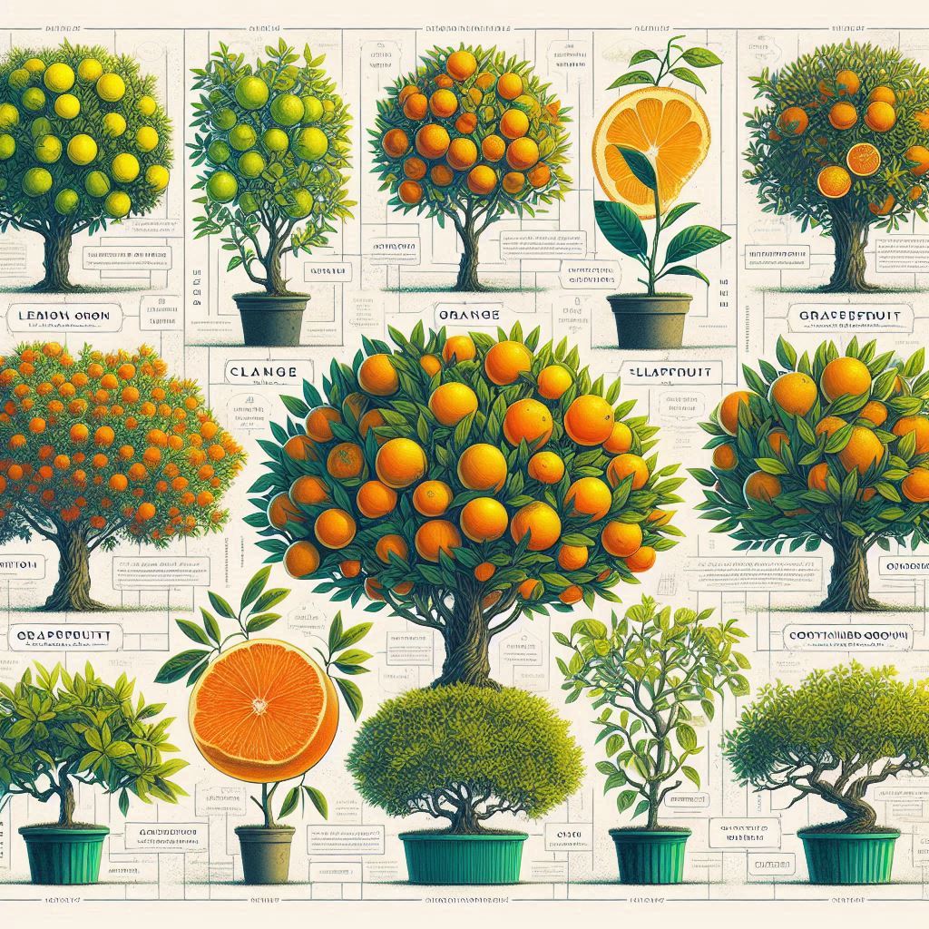 A colorful collage showing different citrus trees—lemon, orange, lime, grapefruit—and container-grown varieties, each with tailored pruning techniques.
