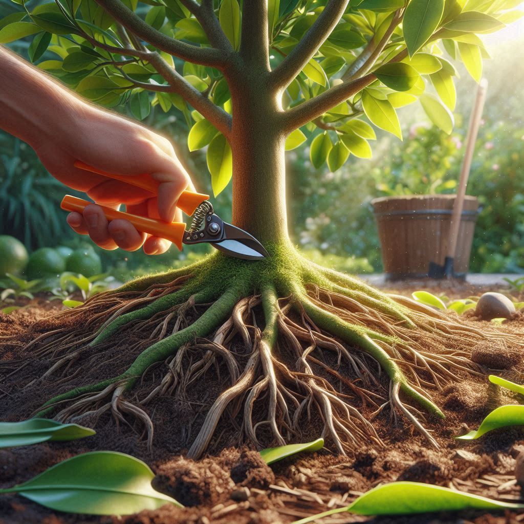 Close-up of citrus tree roots and base after pruning, with fresh mulch added and healthy soil visible, illustrating improved root health.