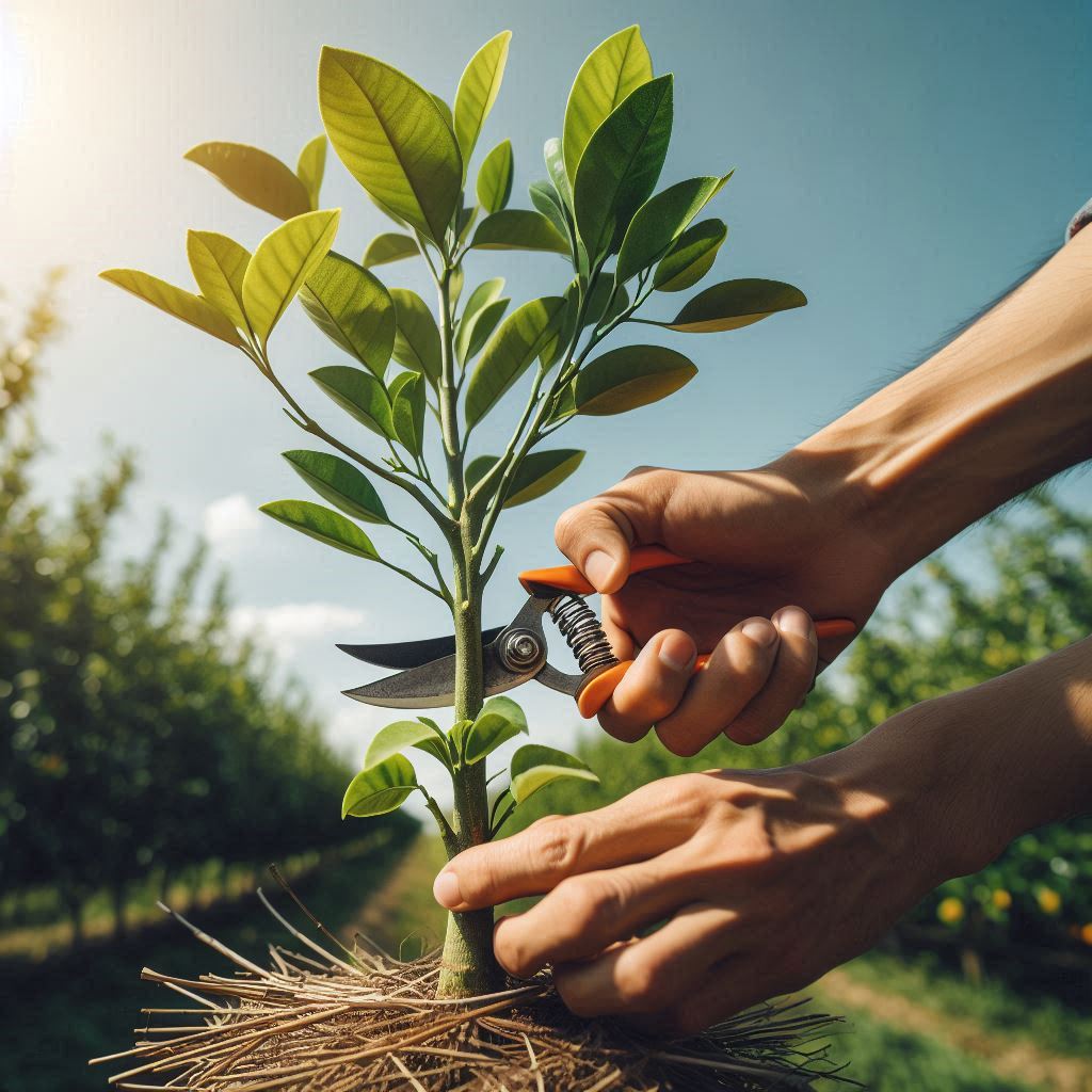 A young citrus tree being pruned to encourage a strong central leader and well-spaced lateral branches, enhancing structural growth and canopy balance.