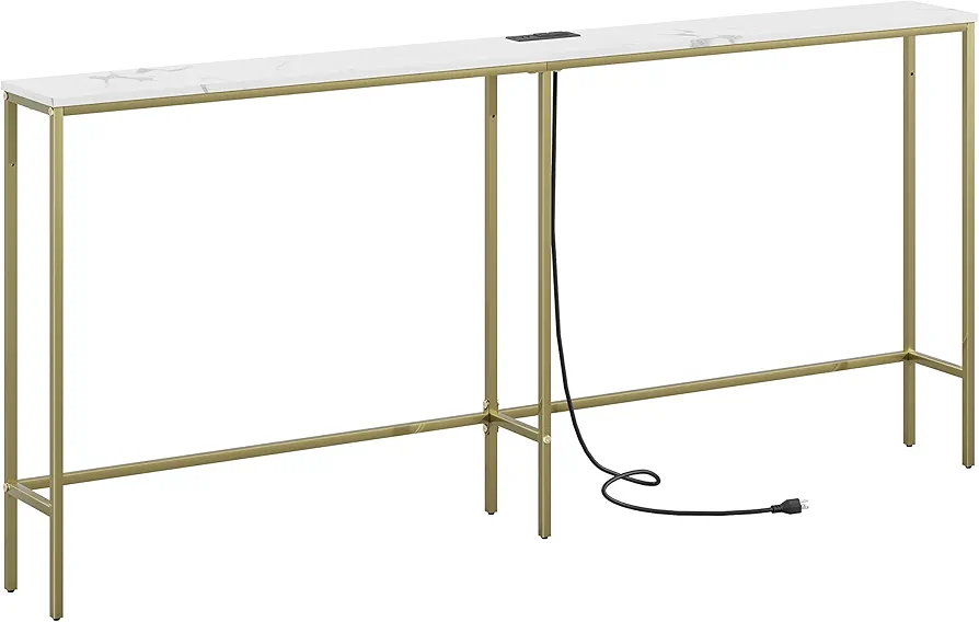Marble and gold console table with built-in USB ports and power outlets, narrow design for small spaces, modern minimalist style."