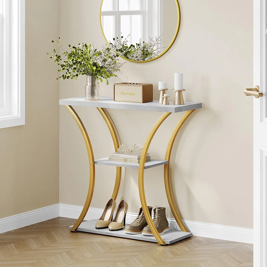Hoctieon marble and gold console table with curved metal frame and three FSC-certified wooden shelves, featuring a space-saving design, sturdy construction, and adjustable feet for use in entryways, hallways, or living rooms."