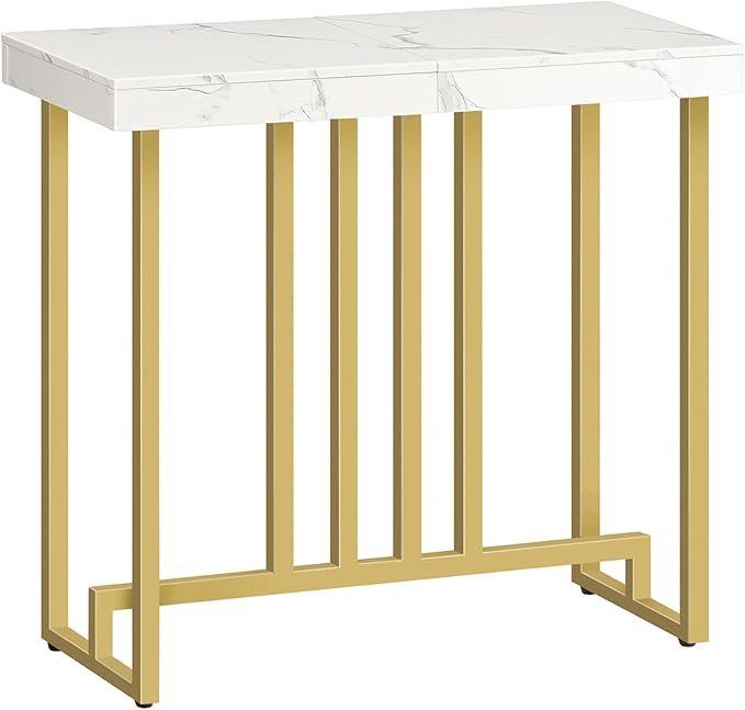 MAHANCRIS white marble-textured console table with gold metal frame, crossbar support, and adjustable feet, ideal for entryways or living rooms as a stylish and sturdy storage or display solution.