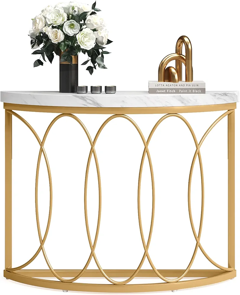 Tribesigns half moon faux marble and gold console table with curved design, oval gold base, and white tabletop, ideal for entryways, hallways, or living rooms with modern luxury decor."
