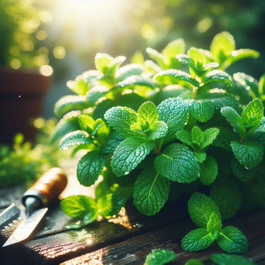 Close-up of healthy mint plants with dew drops growing in a backyard herb garden under soft morning sunlight.
