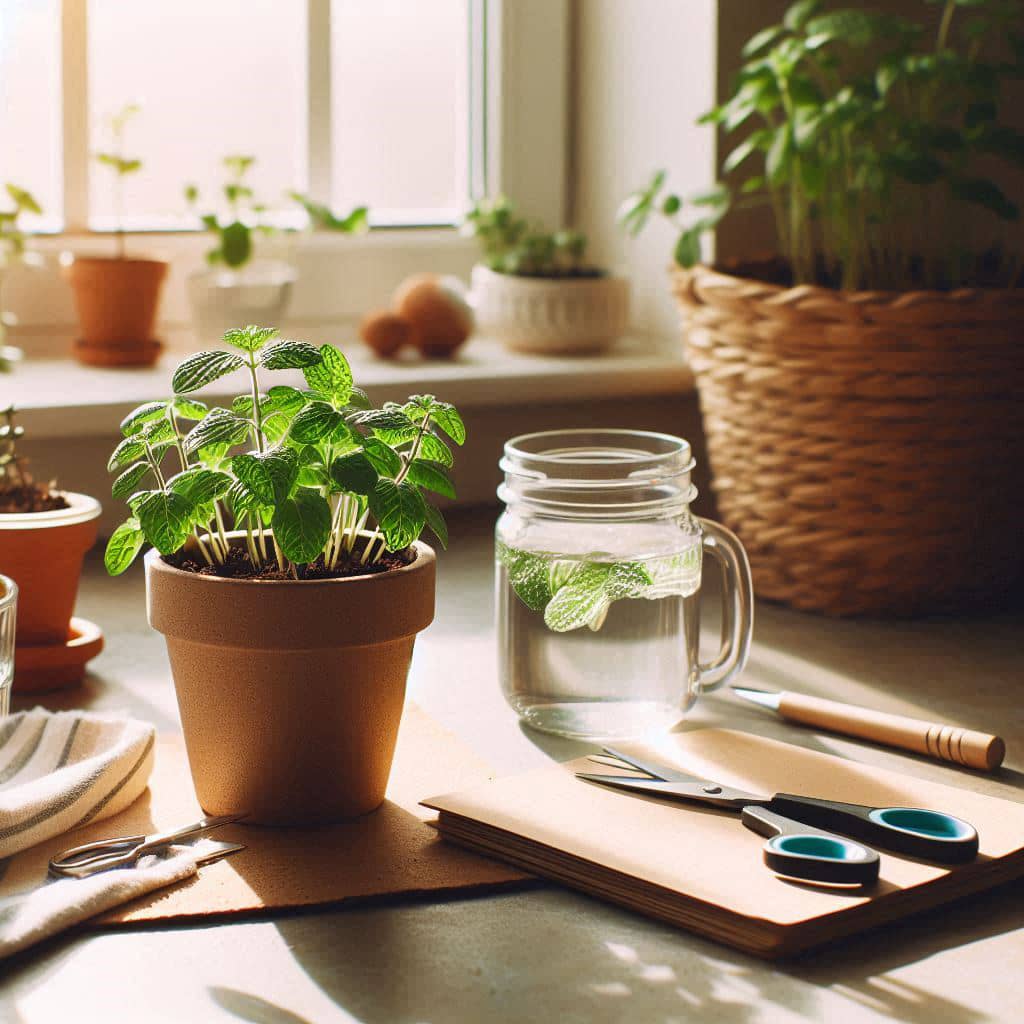 Indoor scene showing a small potted mint plant on a sunny windowsill, with gardening scissors, a glass of water, and a notebook nearby—perfect for planting mint cuttings and mint propagation.