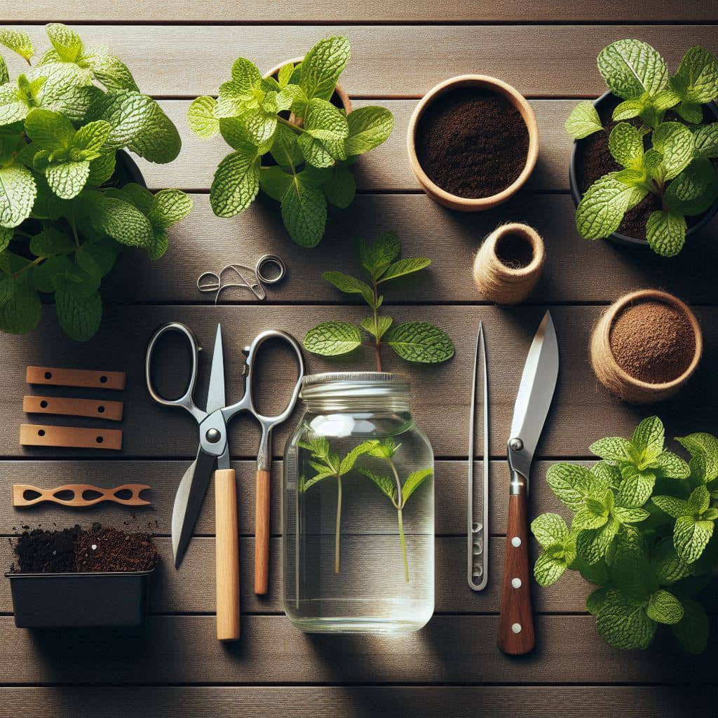 Flat lay of essential tools for planting mint cuttings, including fresh mint sprigs, scissors, a glass jar of water, potting soil, and rooting hormone, arranged neatly on a wooden surface.