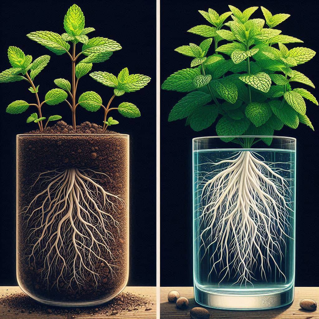 Split-screen image comparing a slow-growing mint seedling in soil with a thriving mint cutting rooting quickly in water, illustrating the benefits of planting mint cuttings.