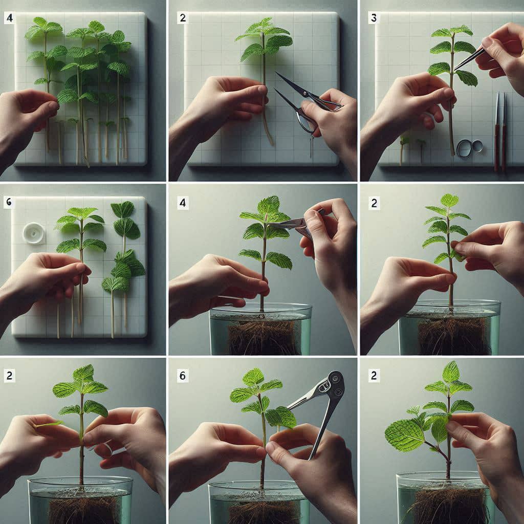Step-by-step close-ups showing how to prepare and plant mint cuttings: selecting healthy stems, cutting below nodes, removing lower leaves, and placing cuttings into water or soil.
