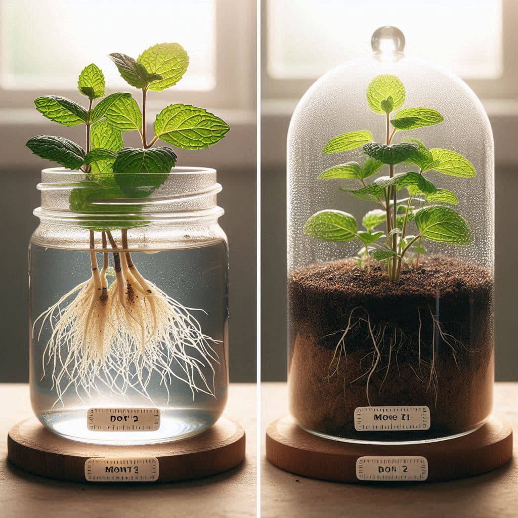 Side-by-side image showing two methods for planting mint cuttings: rooting in a glass jar of water and planting in soil under a humidity dome.