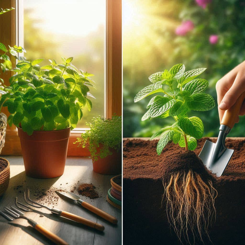 Split image showing mint cuttings transplanted indoors in pots near a sunny window and outdoors in raised garden beds with rich soil.