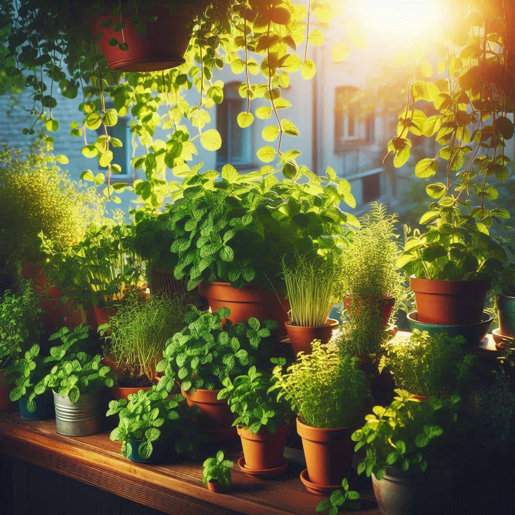 Healthy mint plant grown from cuttings being misted indoors, with trimmed stems, moist soil, and sunlight filtering through a nearby window.