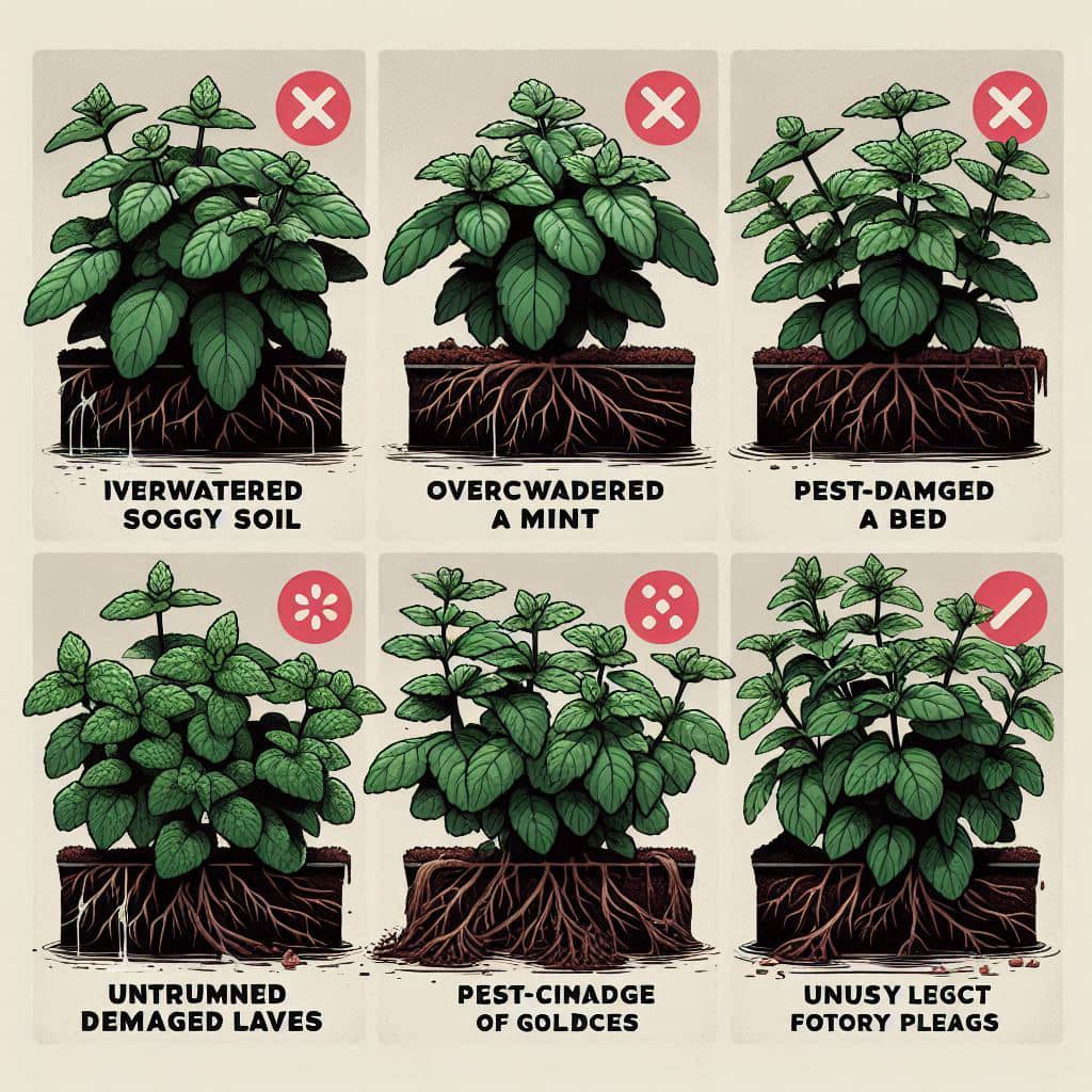 Grid showing common mistakes when planting mint cuttings, such as overwatering, overcrowding, pest damage, and neglecting pruning, each marked with a red ‘X’.