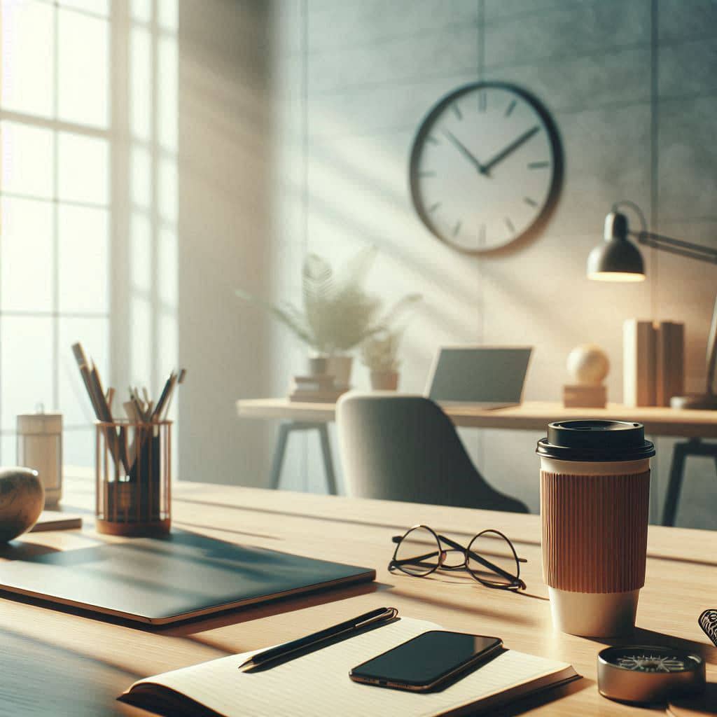 Realistic hero background image showing a clean, modern workspace with a laptop, notebook, coffee mug, and smartphone on a tidy desk in natural light, designed to convey calm and professionalism with space for text overlay.