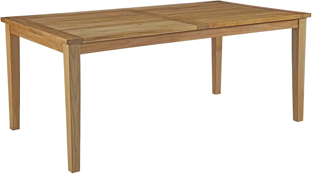 Natural wood rectangular outdoor dining table with tapered legs and a textured wood grain finish, designed for stylish and durable patio use.