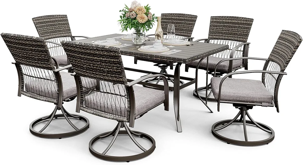 Grey 7-piece outdoor patio dining set with a rectangular iron tabletop, six cushioned swivel chairs featuring PE rattan weave, and a parasol-ready design, built for durability and comfort in backyard or poolside settings.