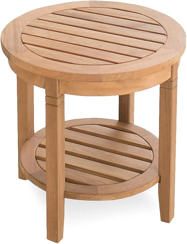 Teak outdoor side table with a round design and natural wood finish, made from solid weather-resistant teak wood; perfect for patios, decks, or gardens as a durable and stylish accent piece.