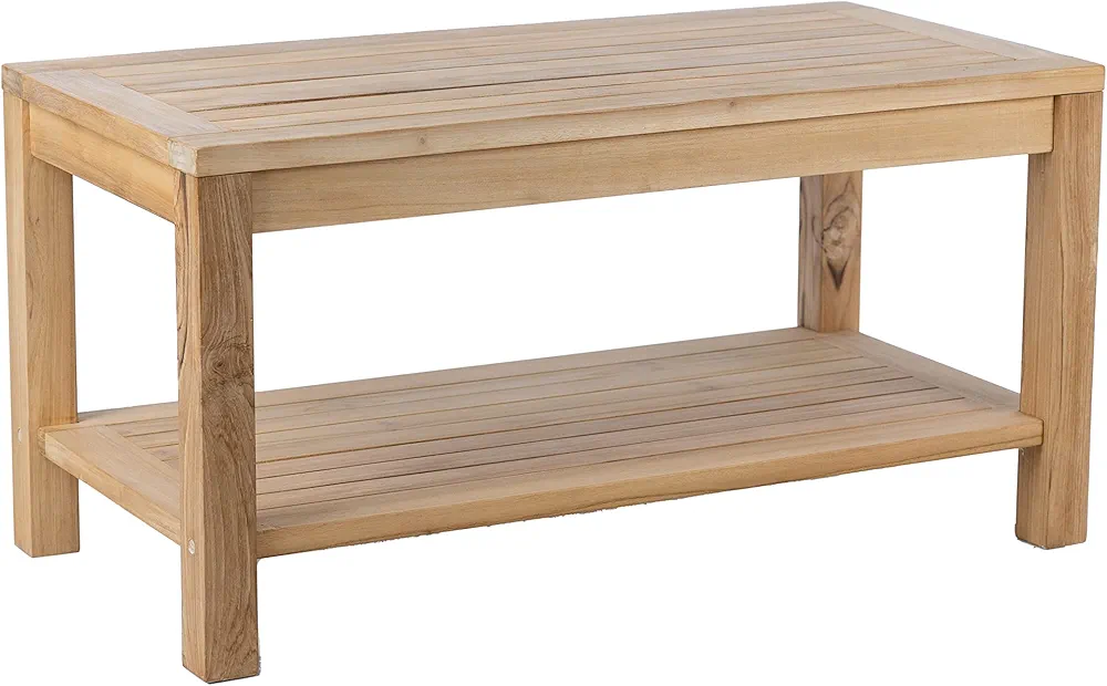 Rectangular teak outdoor side table with natural finish, featuring a slatted tabletop and built-in lower storage shelf; crafted from high-quality, weather-resistant Indonesian teak wood for patio or garden use.