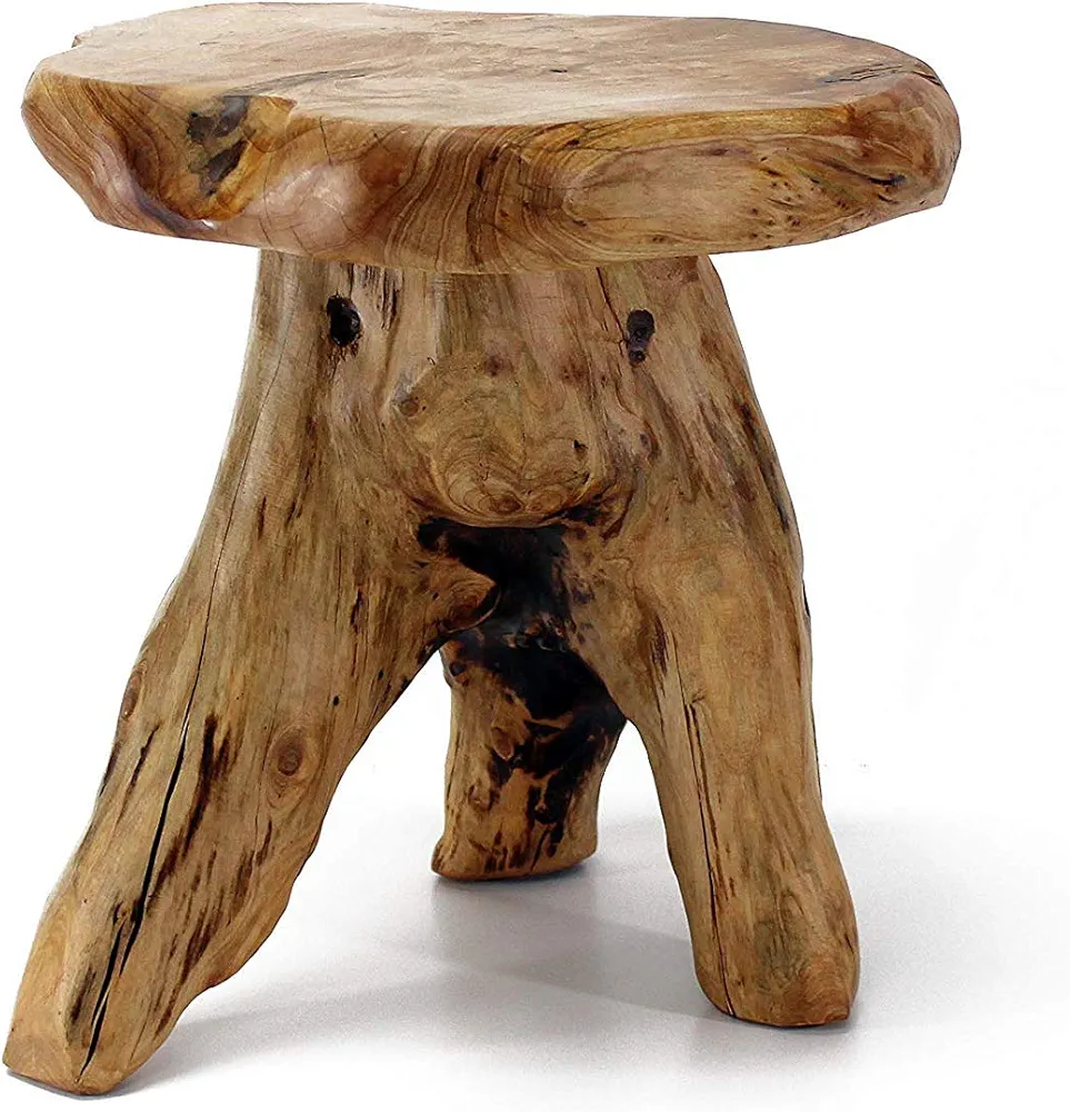 Rustic outdoor patio table made from hand-selected cedar wood with a natural finish, showcasing unique contours and grain patterns; 14" tall tree stump stool design, perfect as a durable and stylish outdoor centerpiece.