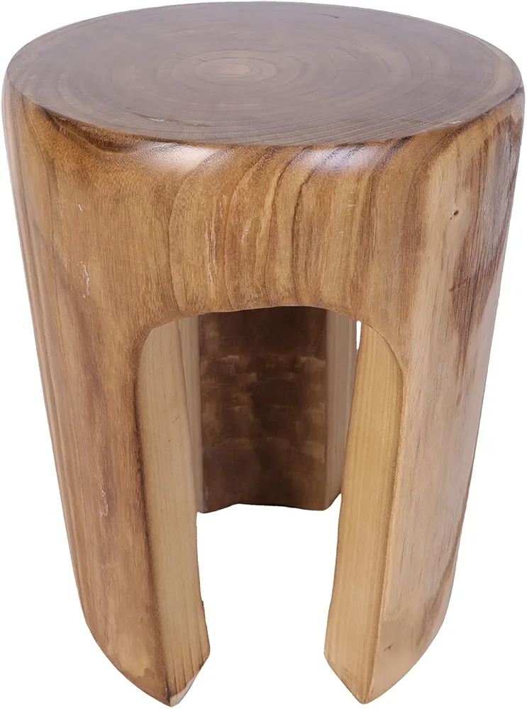 Rustic outdoor patio table made from 100% natural Paulownia wood, featuring a round hand-engraved stump design with visible tree grain, durable lightweight frame, and a space-saving structure ideal for patios or indoor use.